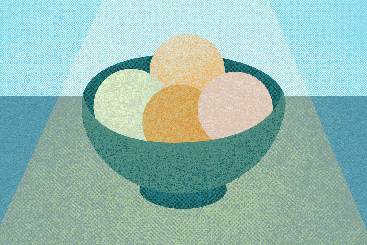 Stylized Procreate illustration of a teal bowl with three pastel ice cream scoops in pale green, orange, and pink, featuring soft textured shading, subtle grain, and a blue and beige spotlight background.
