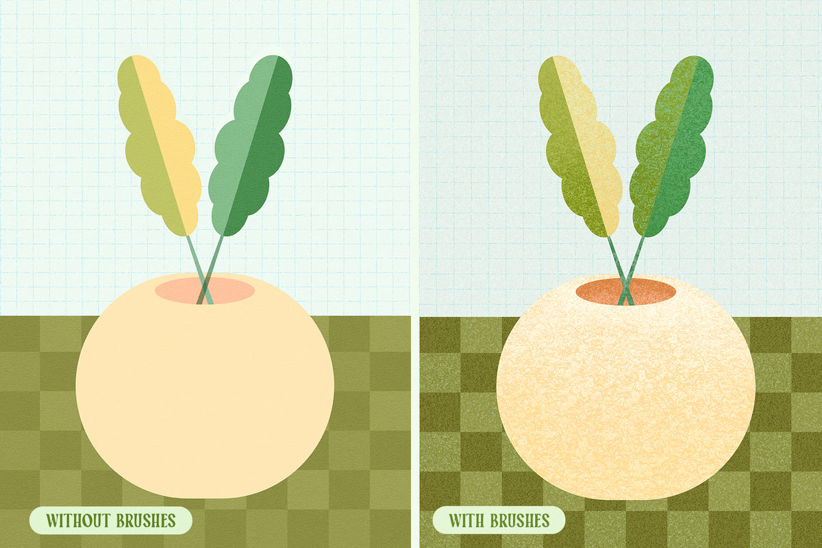 Side-by-side digital illustration comparison of a beige vase with leaf stems, showing a smooth version without brushes and a textured, grainy version created with Procreate brushes on a pale blue grid background and green checkerboard floor.