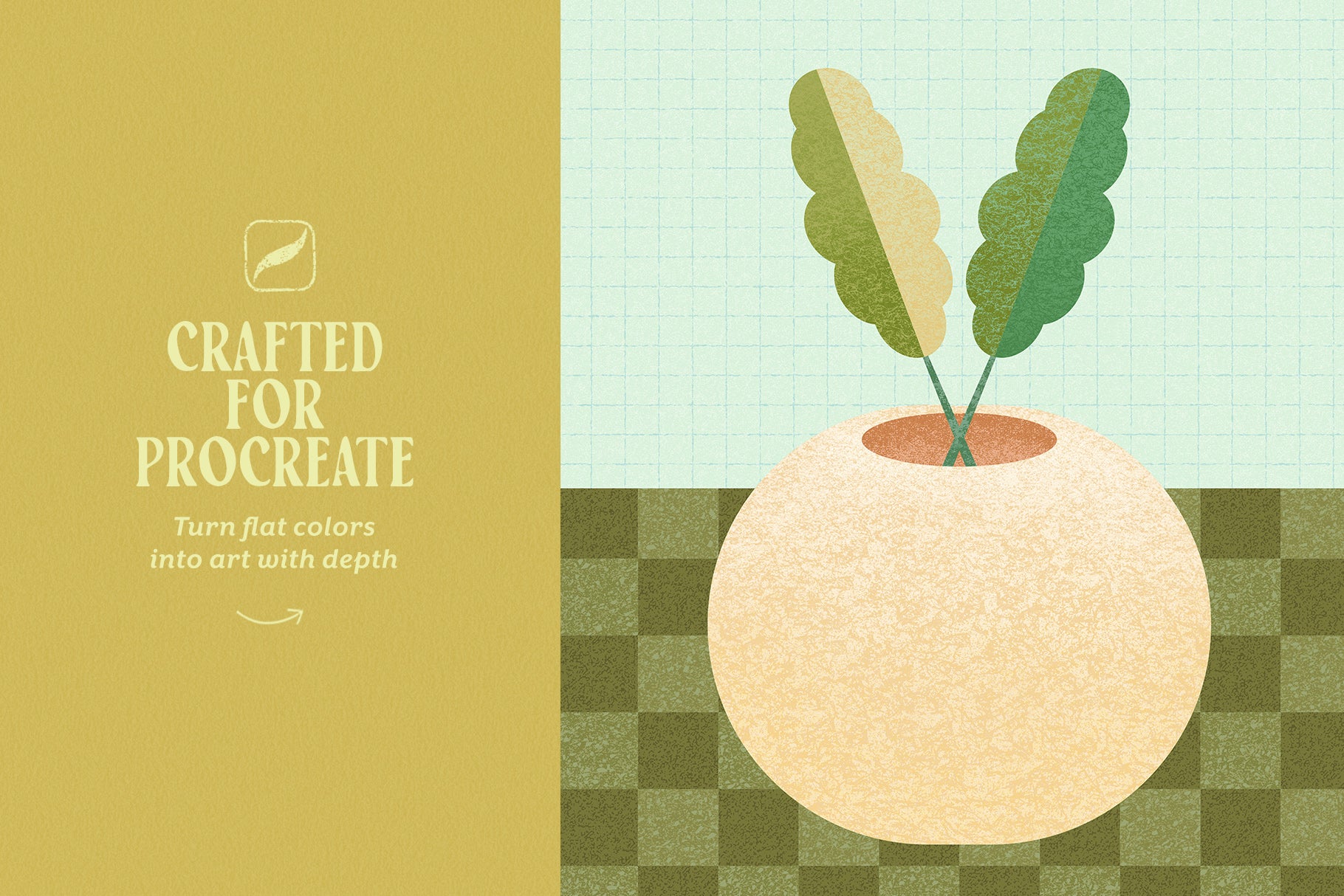 Flat vector-style Procreate illustration of a beige vase with green leaves, featuring a mustard yellow panel reading “CRAFTED FOR PROCREATE” and a pale green grid background, featuring subtle paper like effect