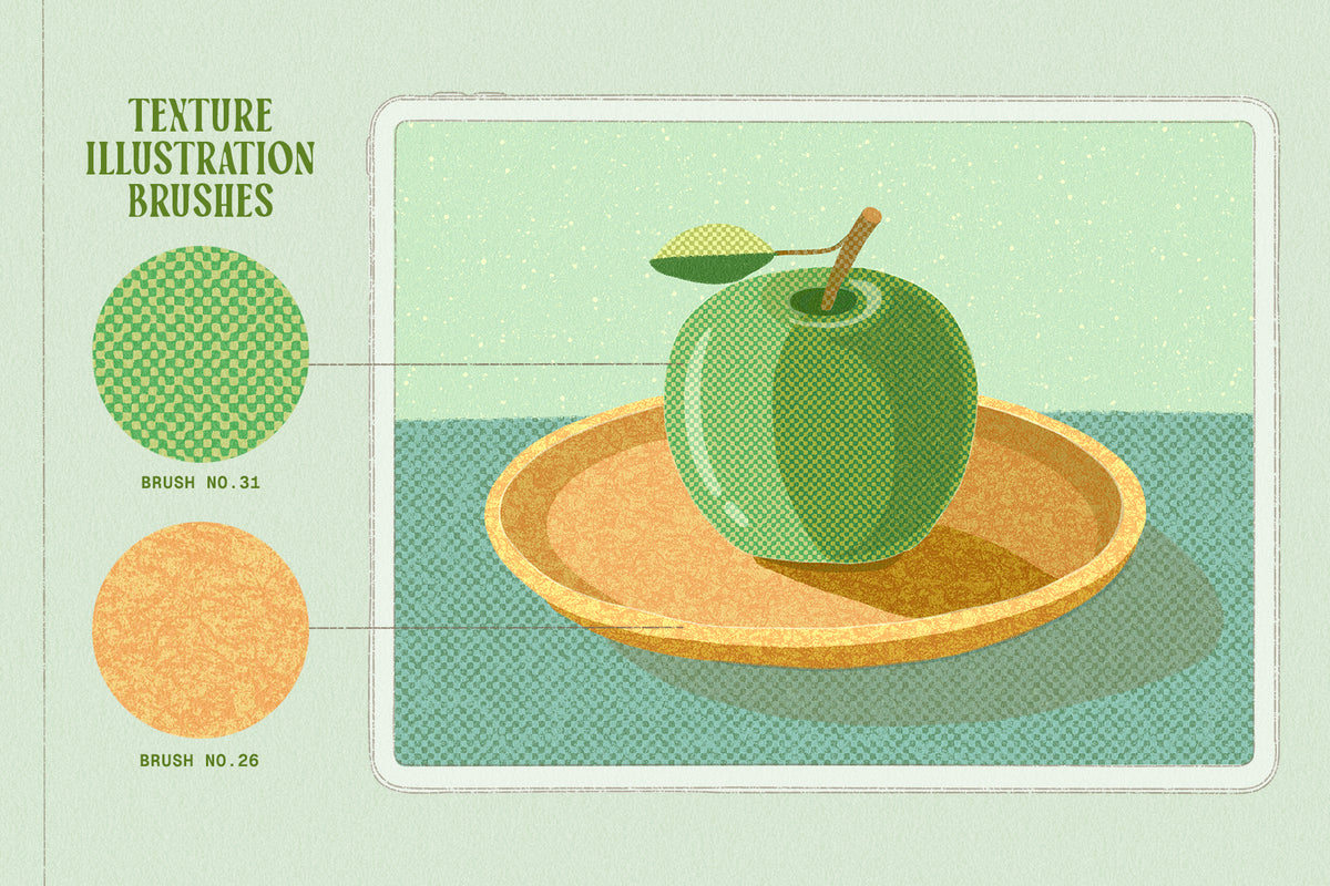 A retro-style digital illustration showing a green apple on a round plate, with two circular brush textures made with digital brushes for procreate