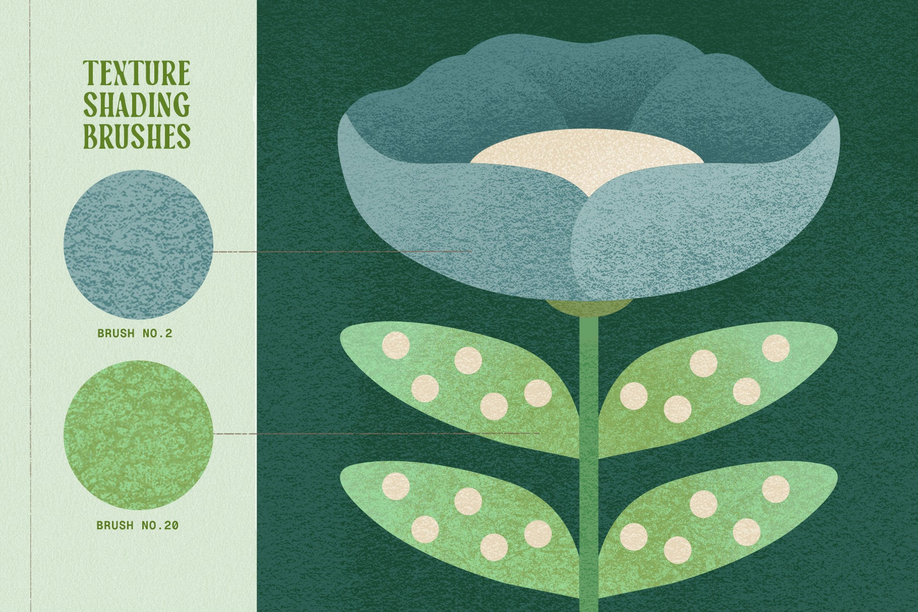 Modern Procreate texture shading brushes graphic featuring a bold geometric flower with grainy brushwork, subtle noise, and texture brush samples.
