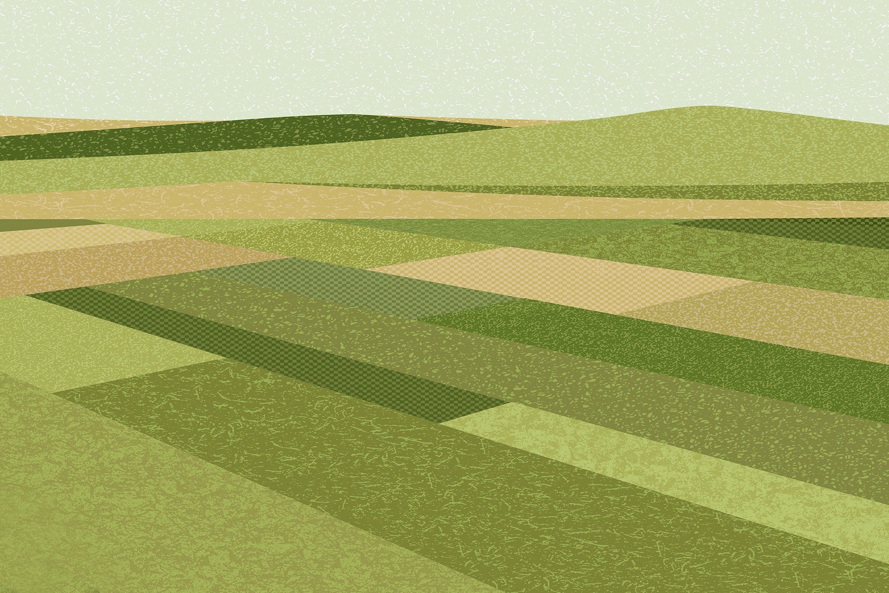 Stylized Procreate landscape illustration with layered green and tan fields, rolling hills, and a pale sky, created with textured geometric brush strokes and grainy digital painting effects.