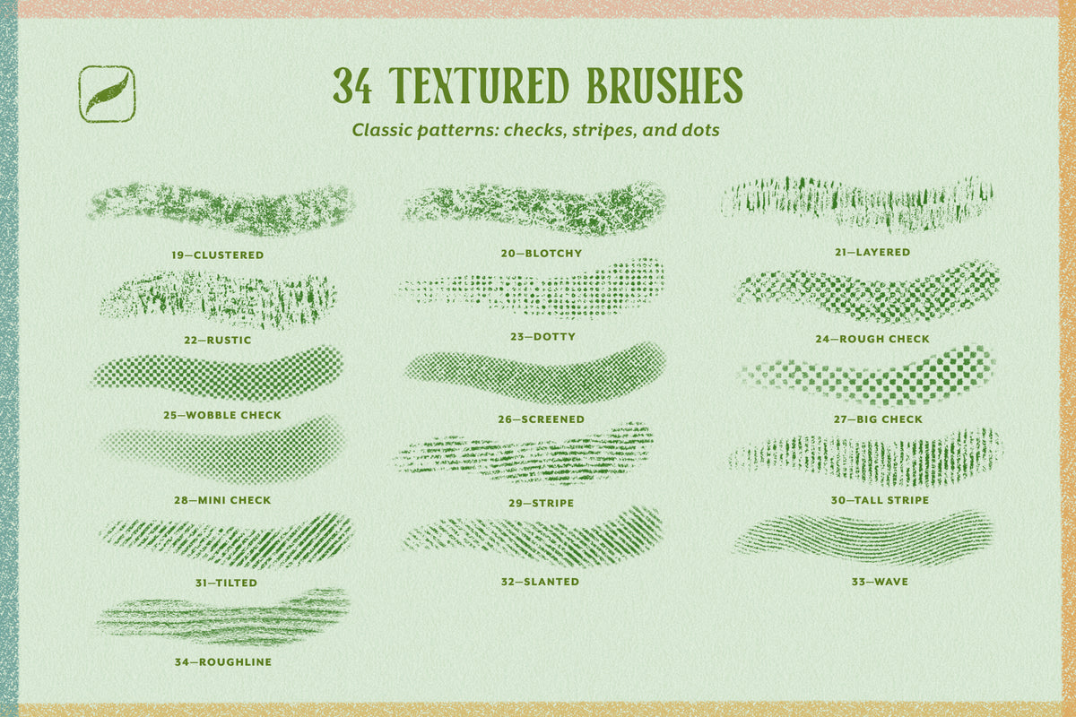 A digital preview sheet showing 34 textured brush patterns in green on a pale mint background, with labels for each style such as clustered, rustic, dotted, wobbly check, screened, stripe, and wave. The sheet has a decorative border and the title '34 TEXTURED BRUSHES' at the top.
