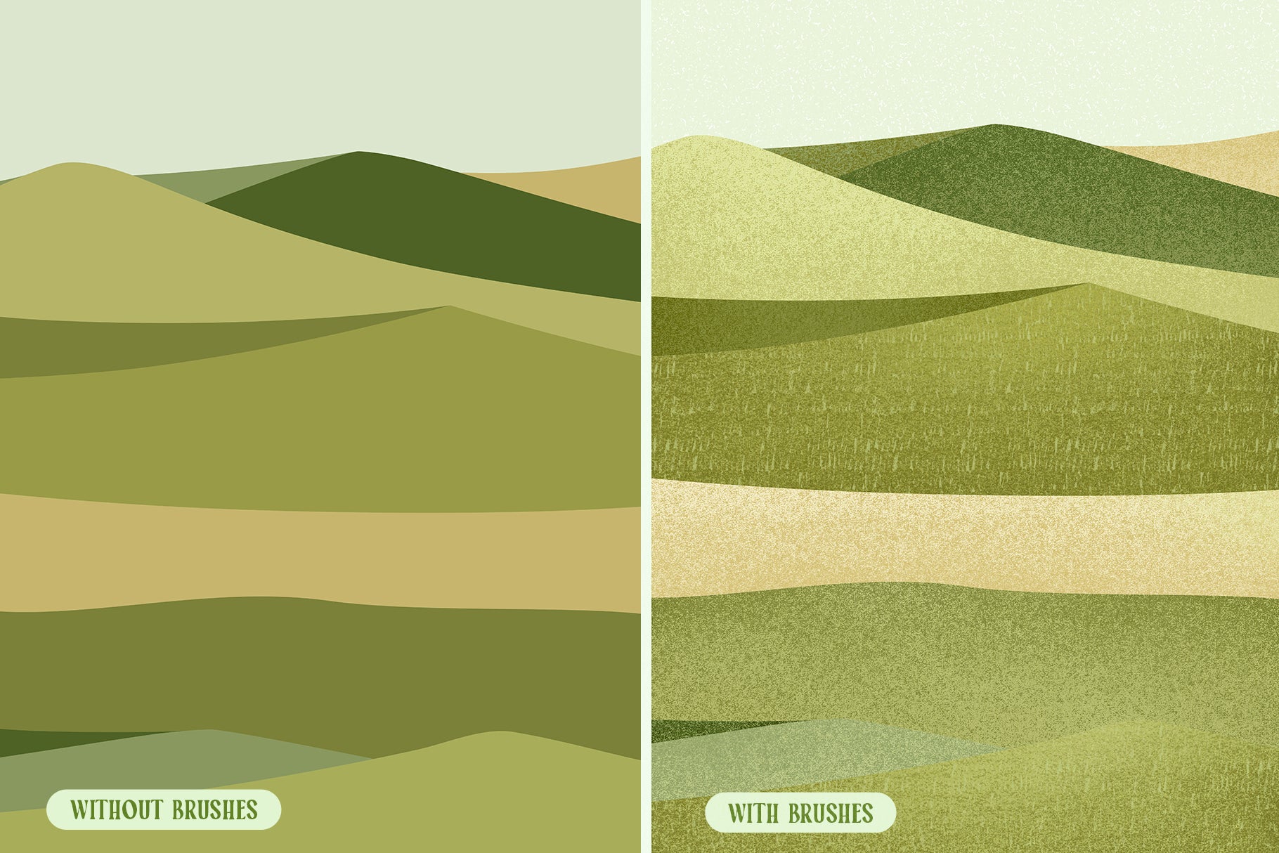 Side-by-side Procreate landscape comparison showing layered green hills without brushes as smooth, flat color blocks versus a textured version created with digital brushes, featuring grain, depth, and natural brush texture.