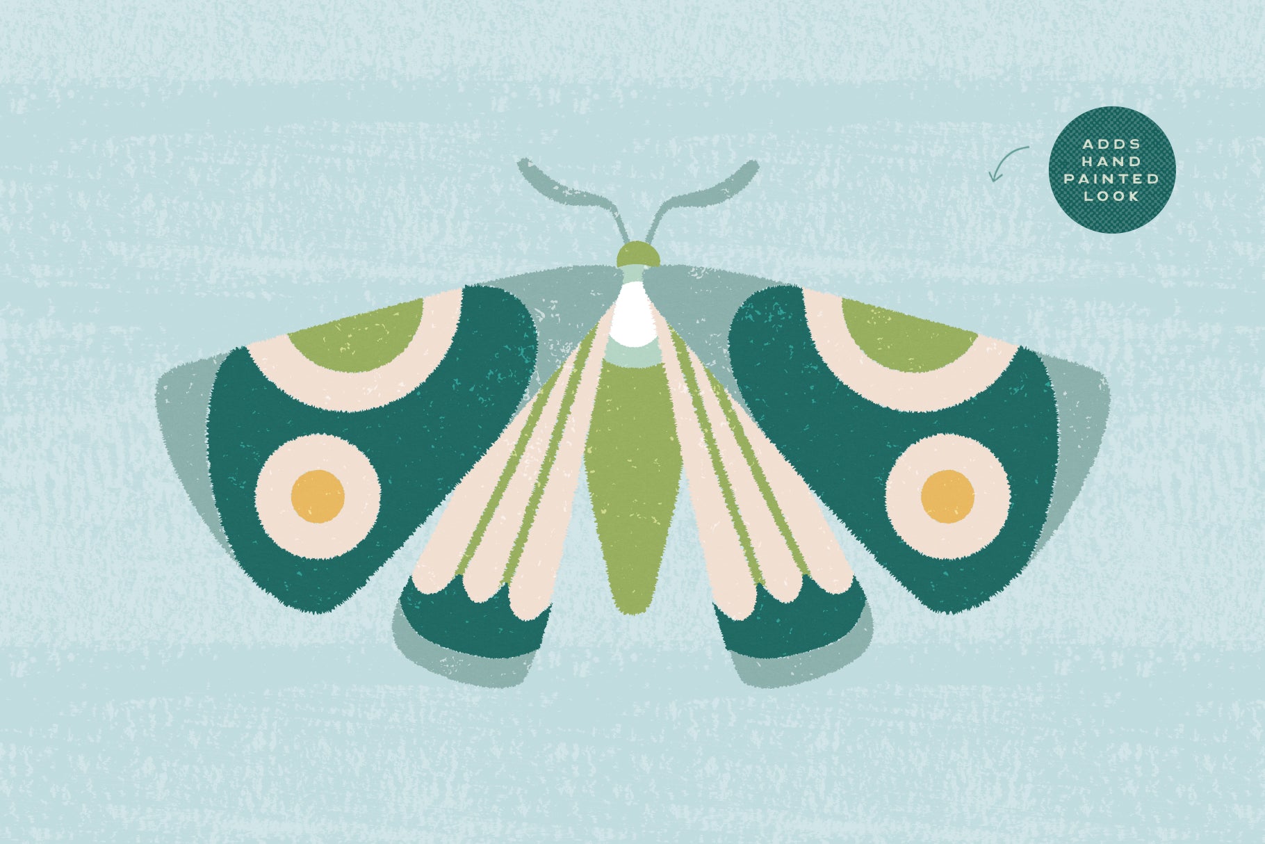 Illustration of a green butterfly on a light blue background with white brush stroke effect and distressed look 