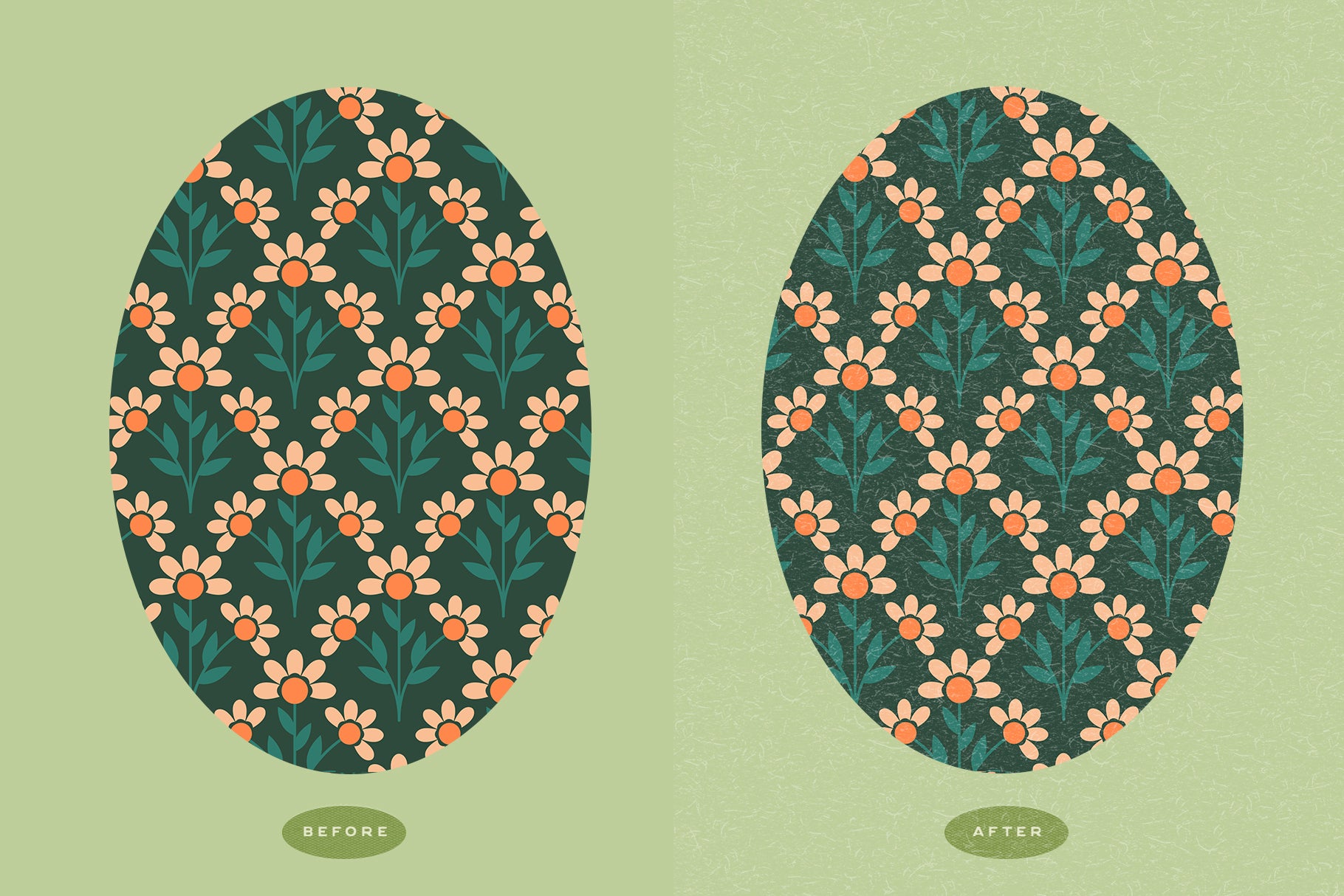 Before and after comparison of a floral pattern design on a green background with subtle paper texture effect