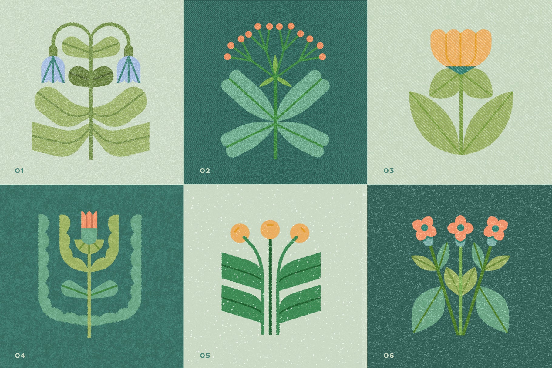 Set of six stylized floral illustrations showcasing different texture overlays