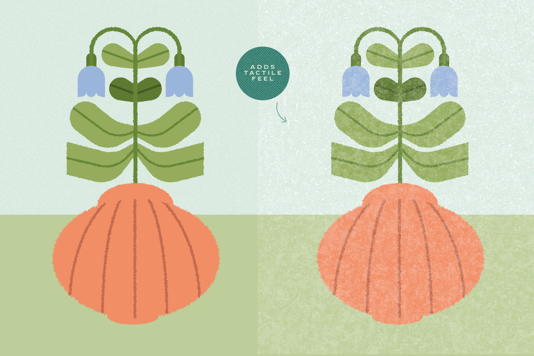 Graphic illustration of two plants with blue flowers on a light green background and  grain effect