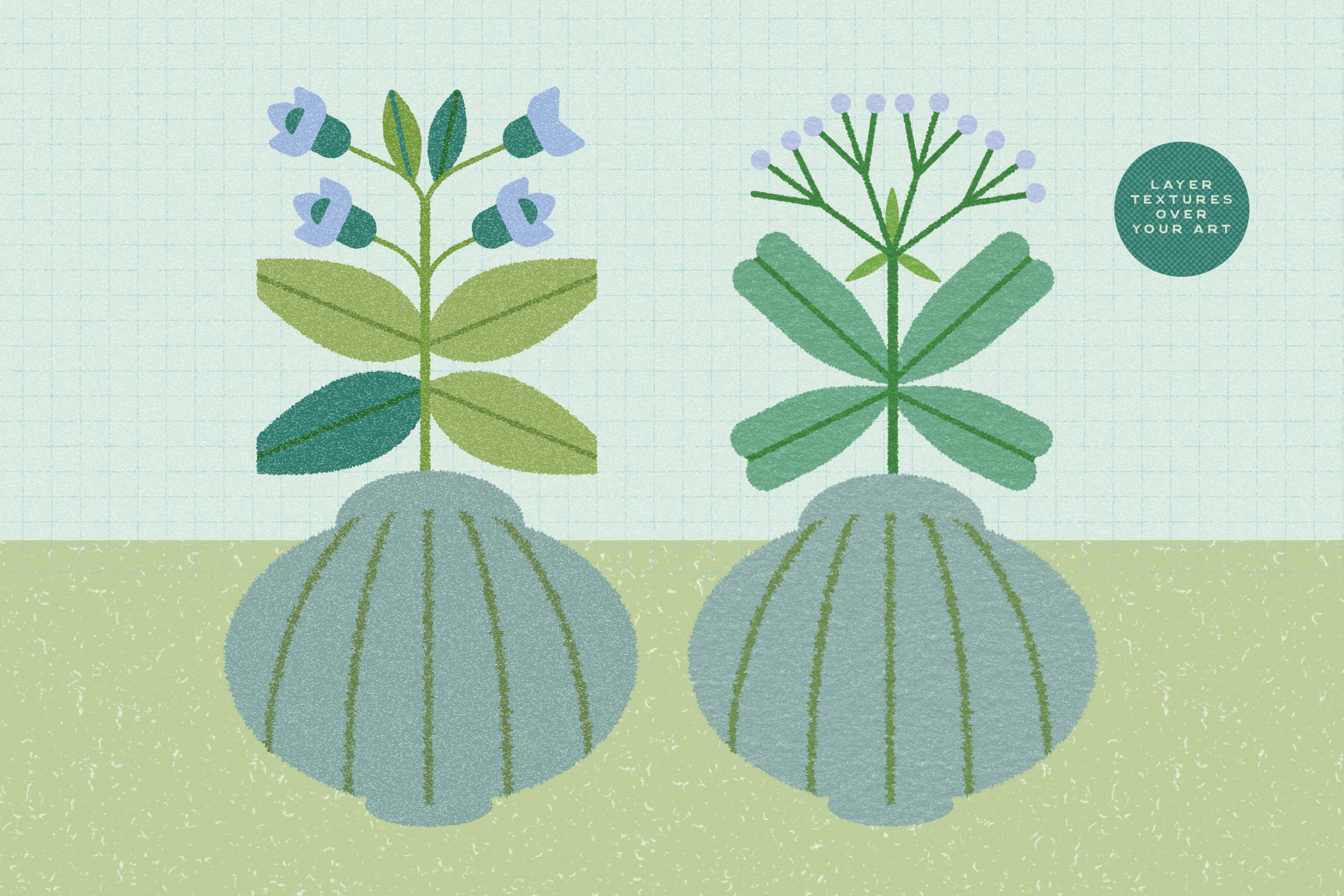 Two stylized plants with blue flowers on a textured surface with a light green background.
