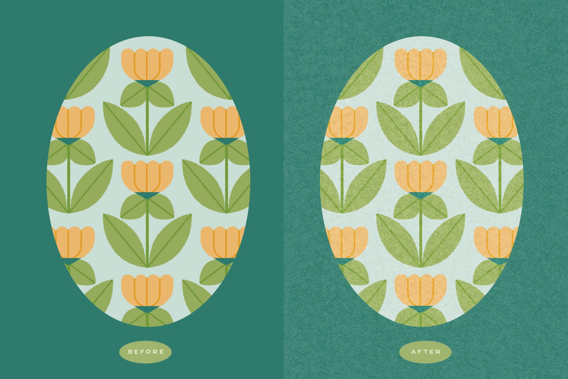 Before and after comparison of floral patterns with handmade texture effect