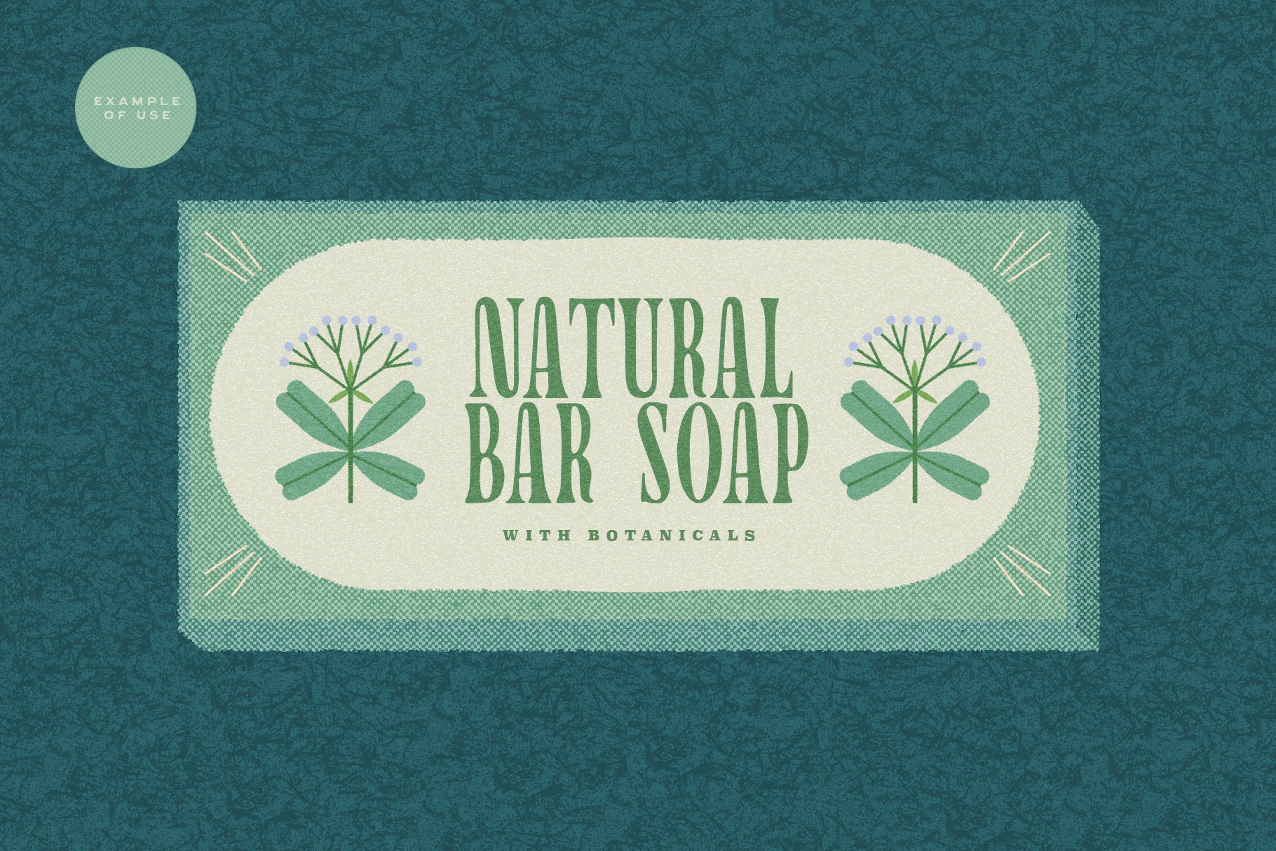 Vintage style label for natural bar soap with botanicals on a textured green background and retro texture effect
