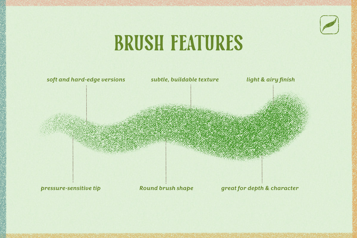 Procreate brush features graphic showcasing a textured dotted brush stroke with soft and hard edges, buildable grain and texture, an airy finish, pressure-sensitive tip, round brush shape, and depth-enhancing character for digital artwork.