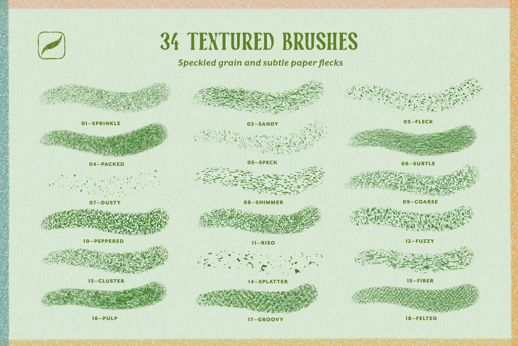 A digital preview sheet titled '34 TEXTURED BRUSHES' showing 18 different textured paint or ink swatches arranged in a grid on a pale green background with a decorative border.