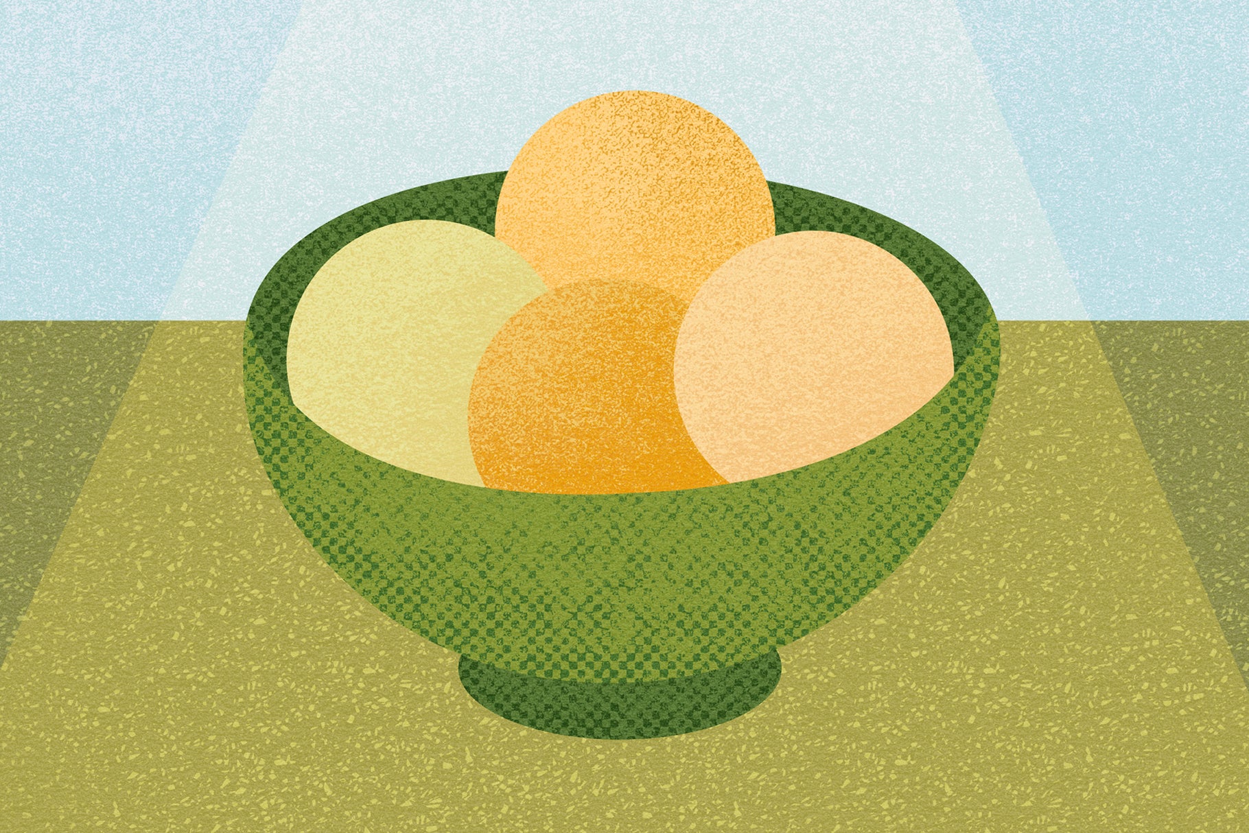 Stylized Procreate illustration of a green bowl with four fruit pieces in yellow, orange, and peach, featuring soft textured shading, subtle grain, a light blue background, and olive-green ground.