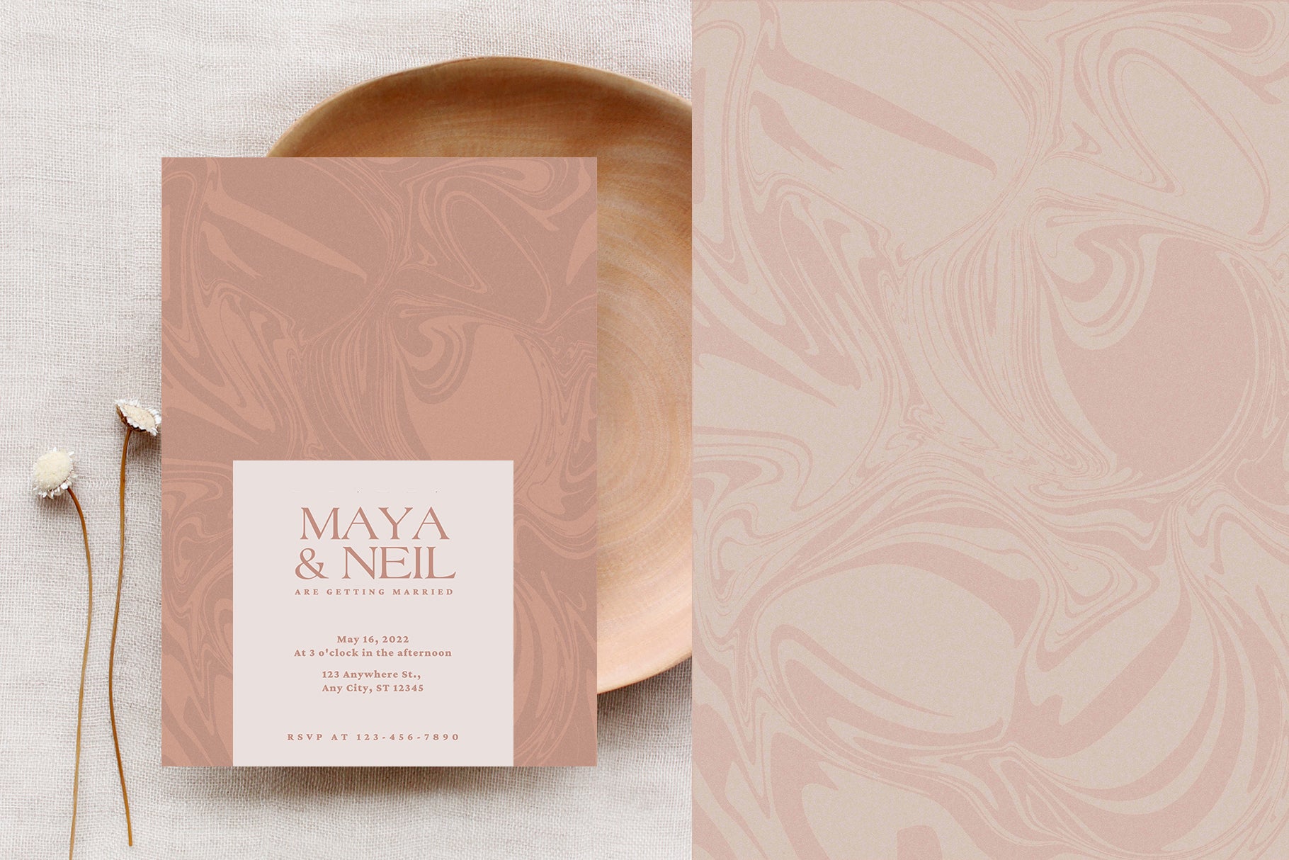 elegant wedding invitation with marble swirl graphic textures