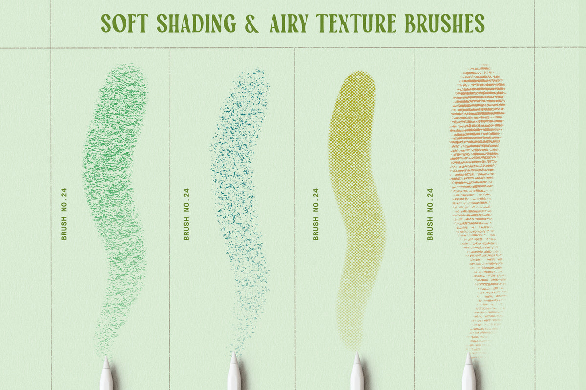 Promotional graphic for Procreate soft shading and airy texture brushes, featuring four textured brush strokes in green, blue, yellow, and orange.