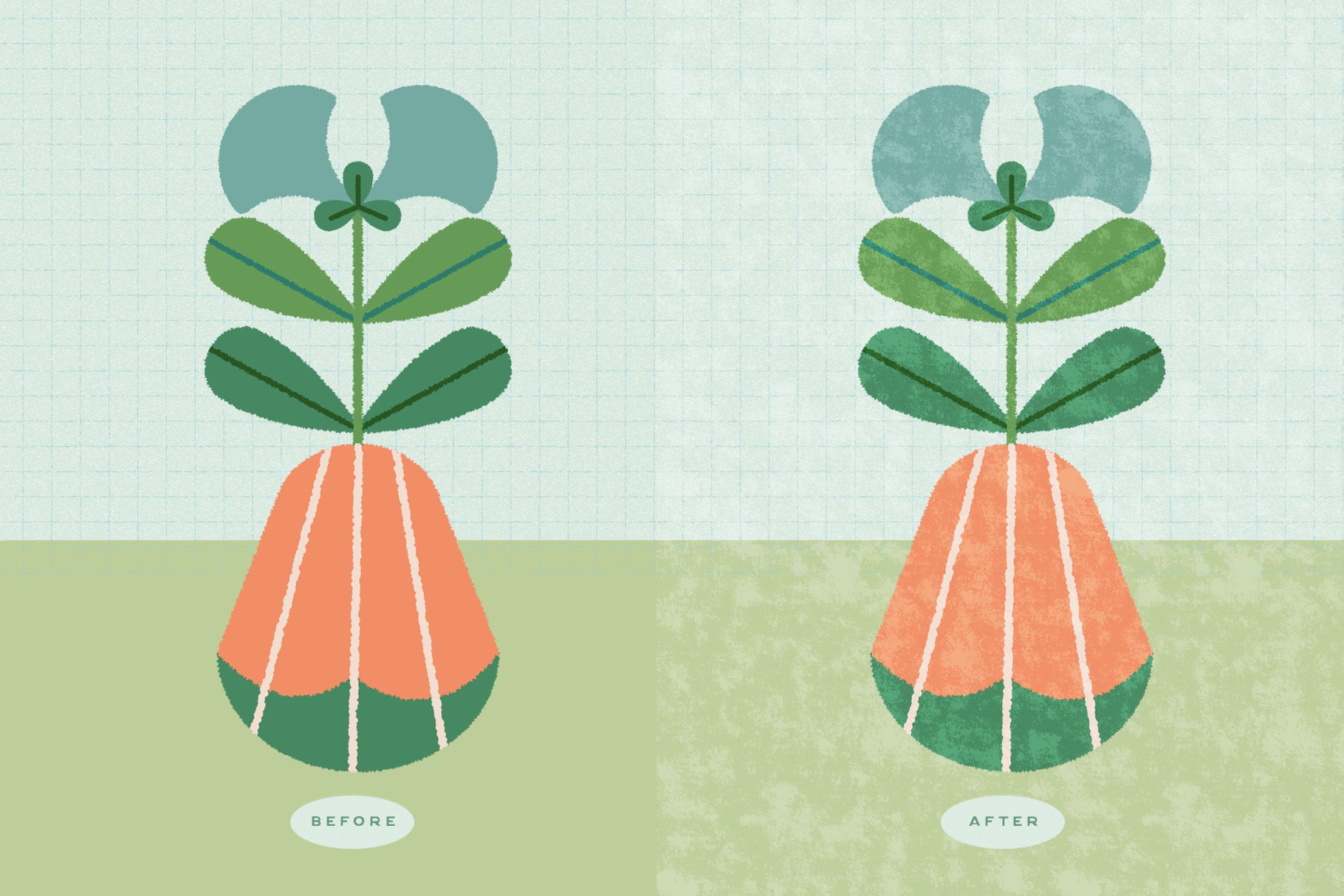 Illustration of a plant before and after of texture effect on a light green background