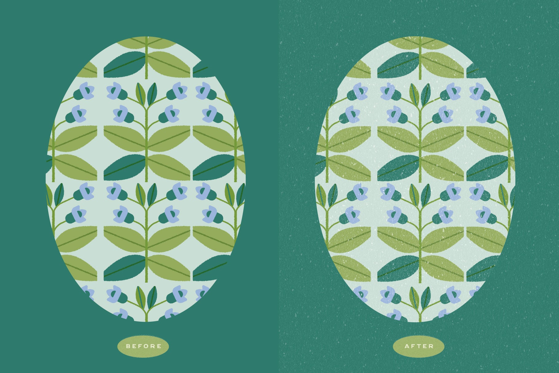 Before and after comparison of a cute floral pattern with texture effect 