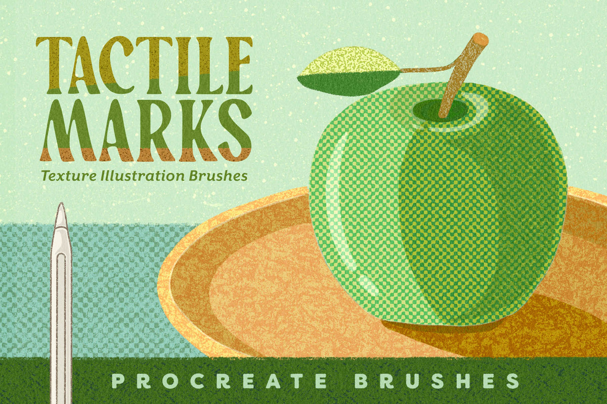 Tactile Marks textured Procreate brushes for illustration and coloring featuring green apple and halftone pattern
