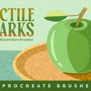 Tactile Marks textured Procreate brushes for illustration and coloring featuring green apple and halftone pattern