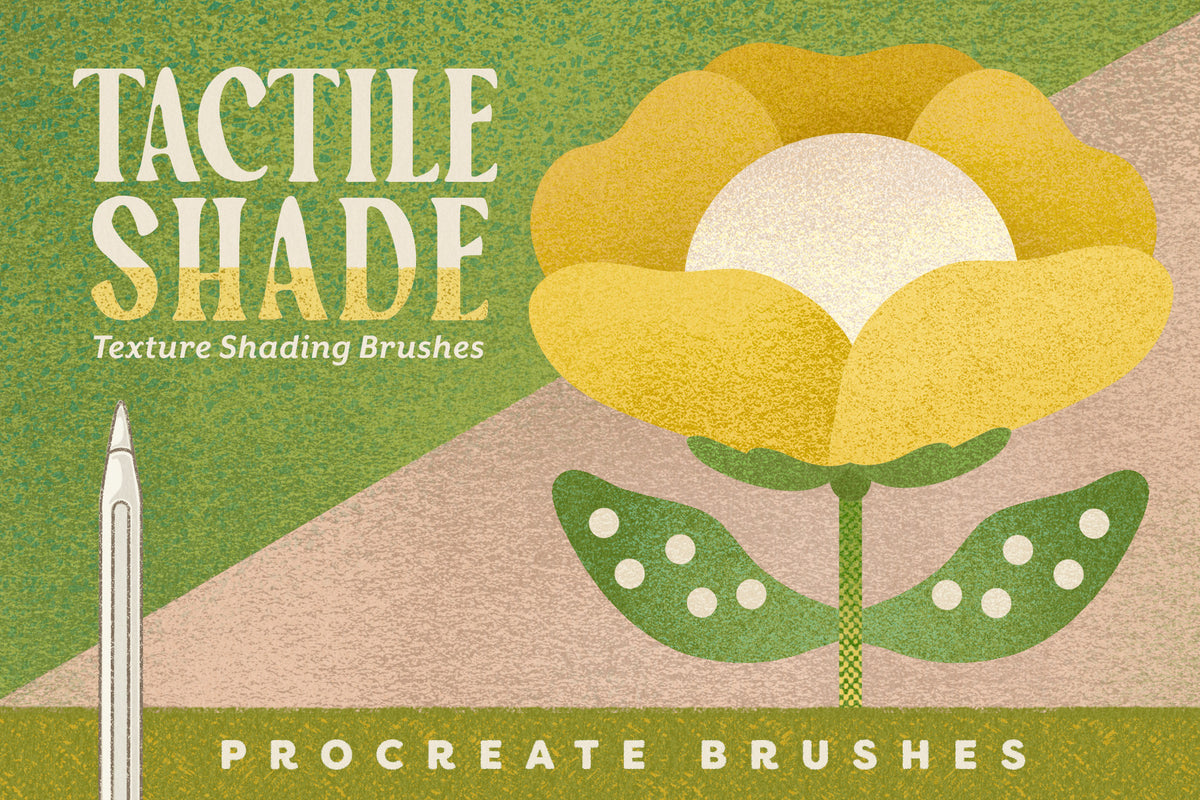 Promotional graphic for Tactile Shade Procreate brushes, featuring texture shading brushes for digital illustration, a stylized yellow flower, green textured background.