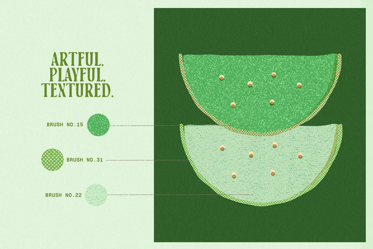 Textured green Procreate brush strokes and watermelon slice illustrations on a light green background with “ARTFUL. PLAYFUL