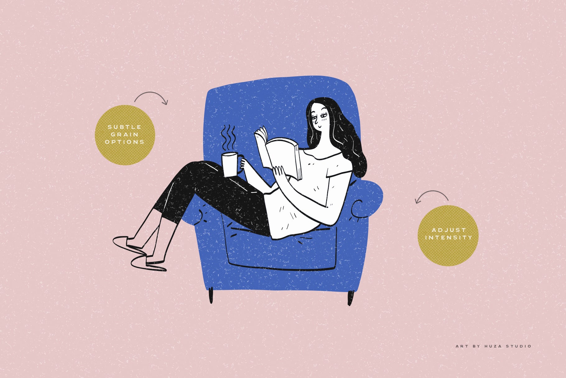 Modern illustration style of a woman reading a book with textured background.
