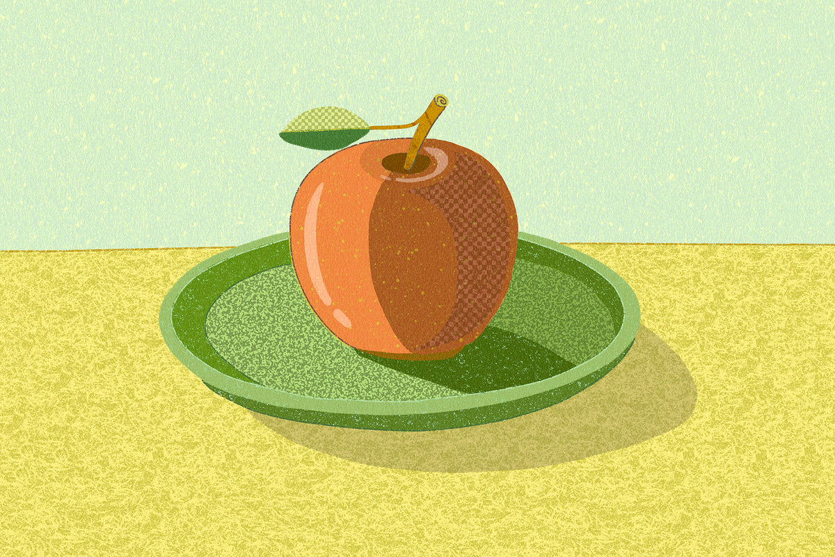 Stylized digital illustration of a red-orange apple with a green leaf on a green plate, featuring paper textures and hand-drawn Procreate brush effects against a pale blue-green background and textured yellow surface