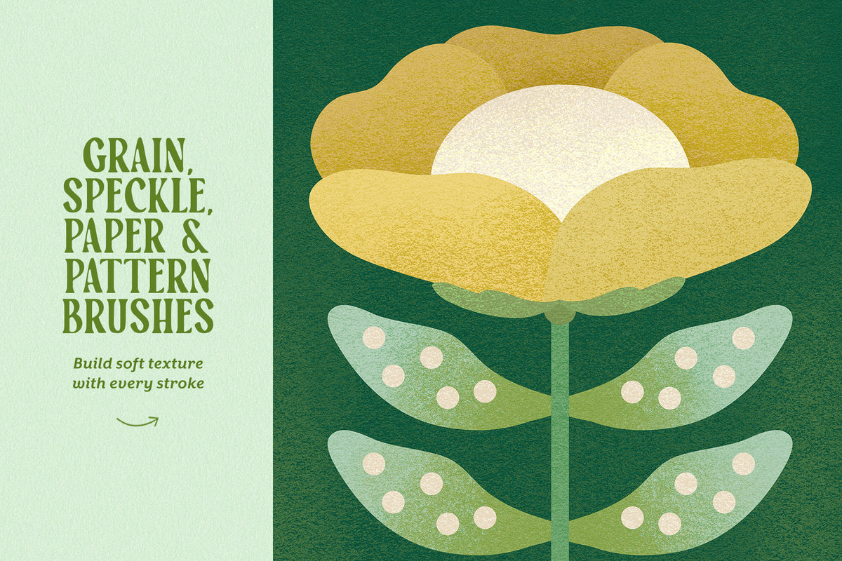 Promotional graphic for Procreate grain, speckle, paper texture, and pattern brushes, featuring a stylized flower with textured yellow petals and pale green leaves with white speckles on a split mint and dark green background.