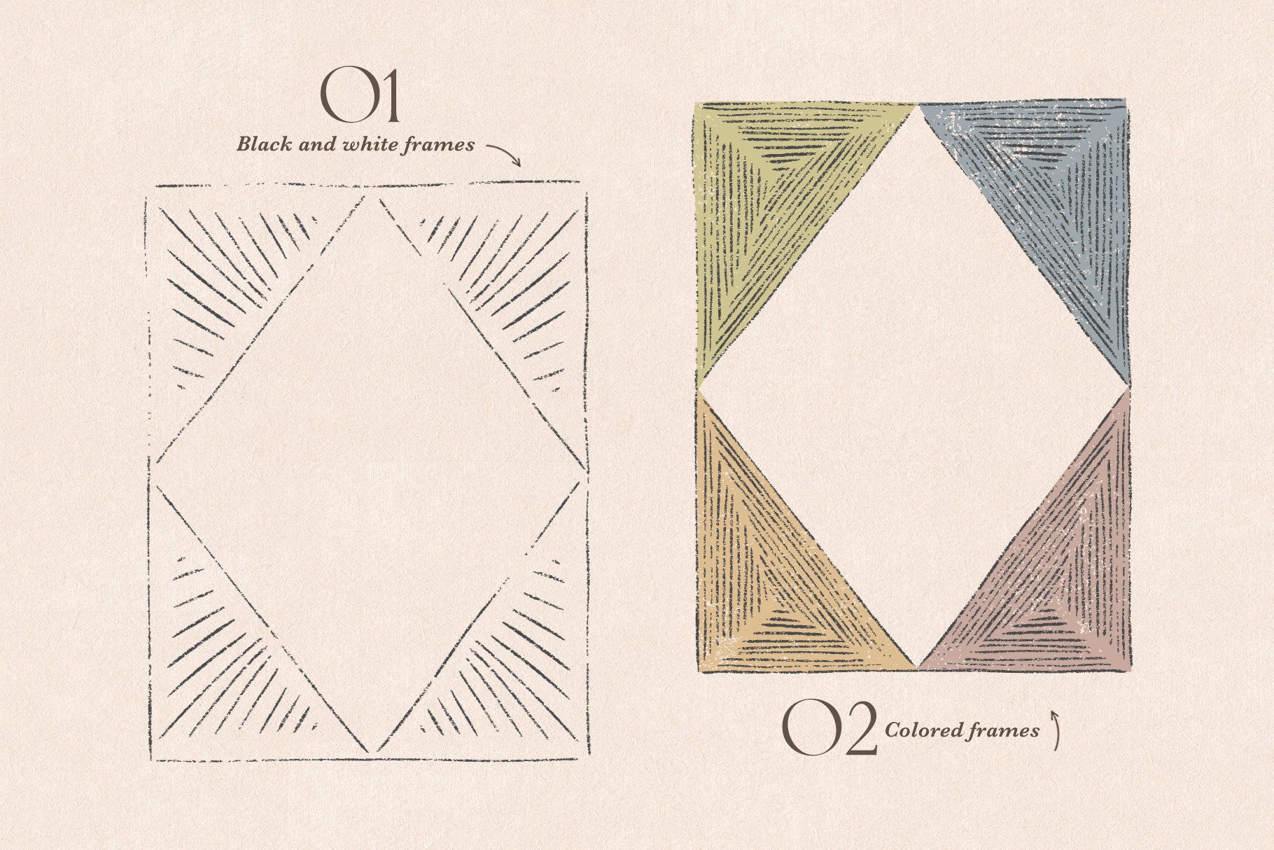 Two sets of geometric hand-drawn frames, one black and white, the other colored, on a beige background.