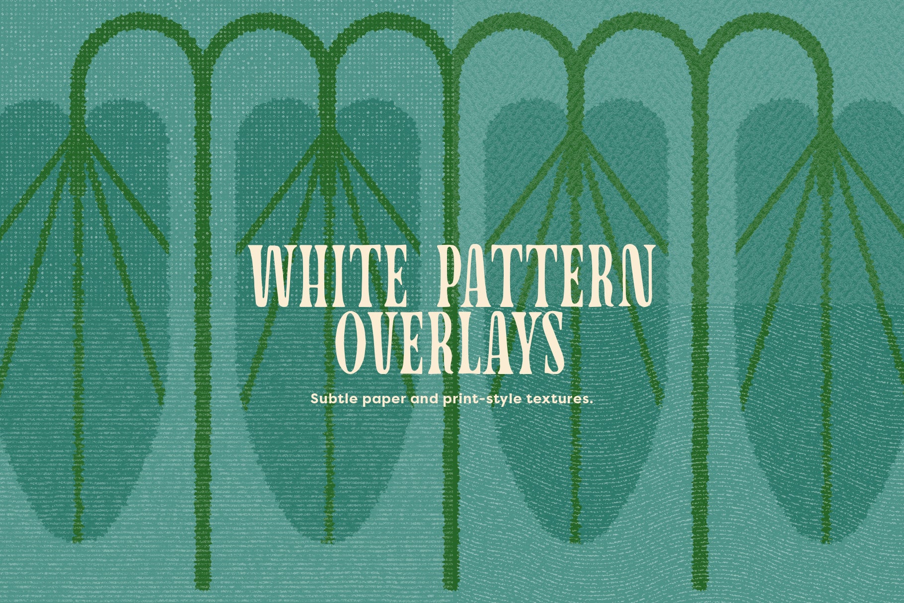 Textured green background with risograph white pattern overlays and text.
