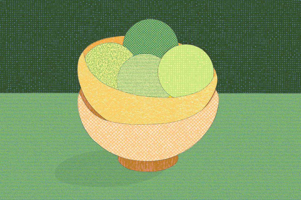 A stylized digital illustration of a bowl filled with green and yellow spherical objects, created with textured Procreate brushes, set against a dark green textured background and light green surface.