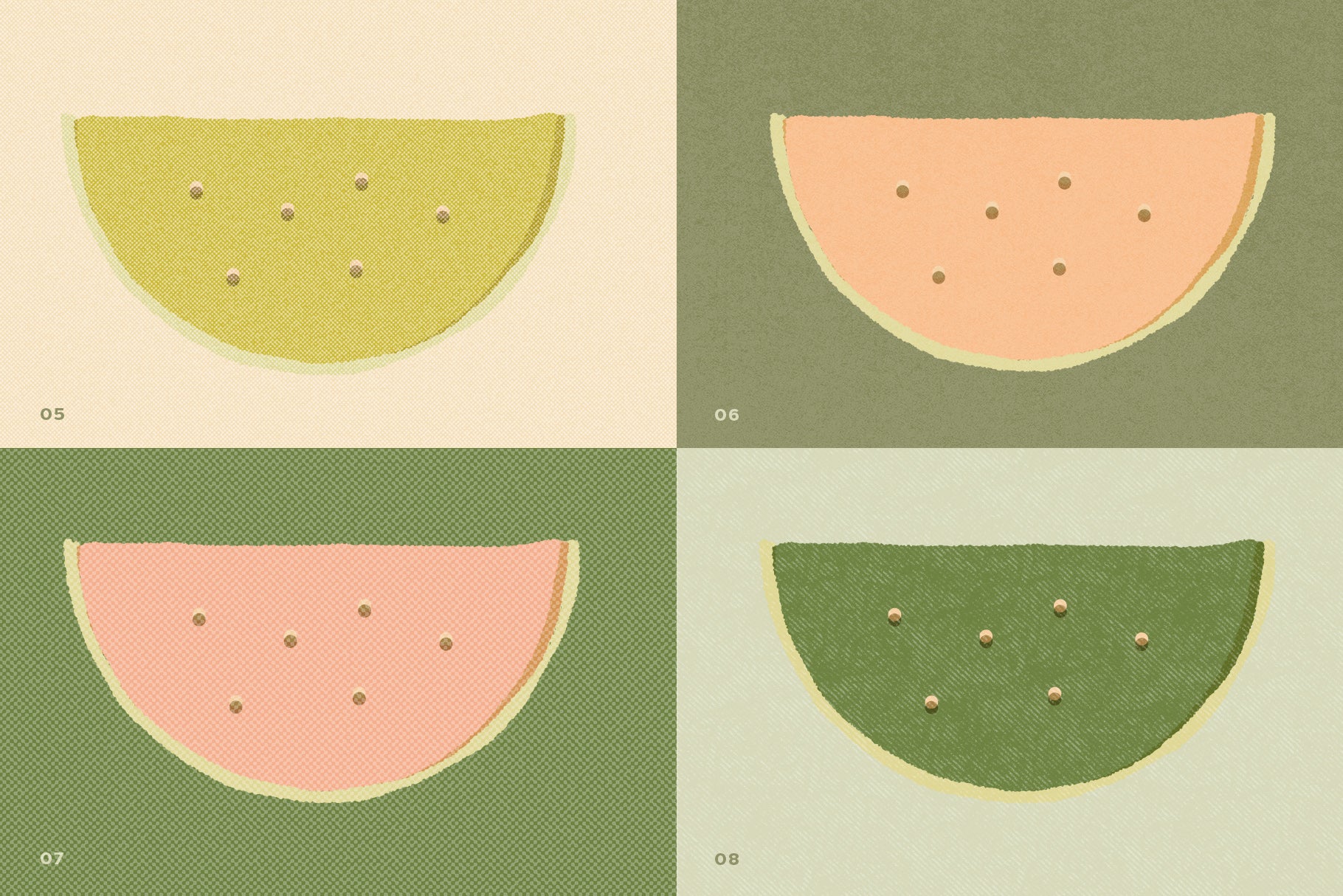 Four slices of watermelon in different colors with retro textures