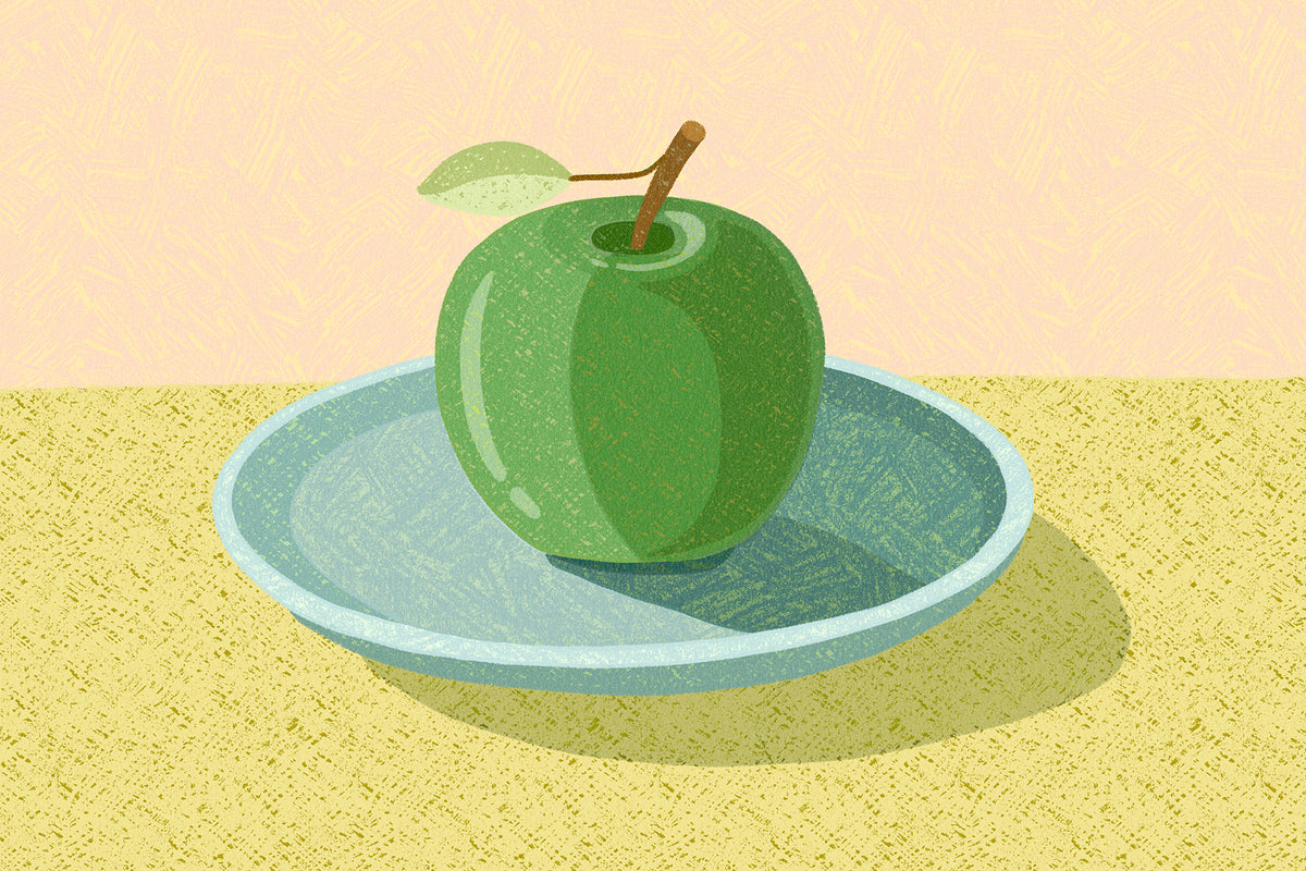 Stylized hand-drawn illustration of a green apple with a leaf on a blue plate, featuring textured Procreate brushes and a crayon-inspired look.