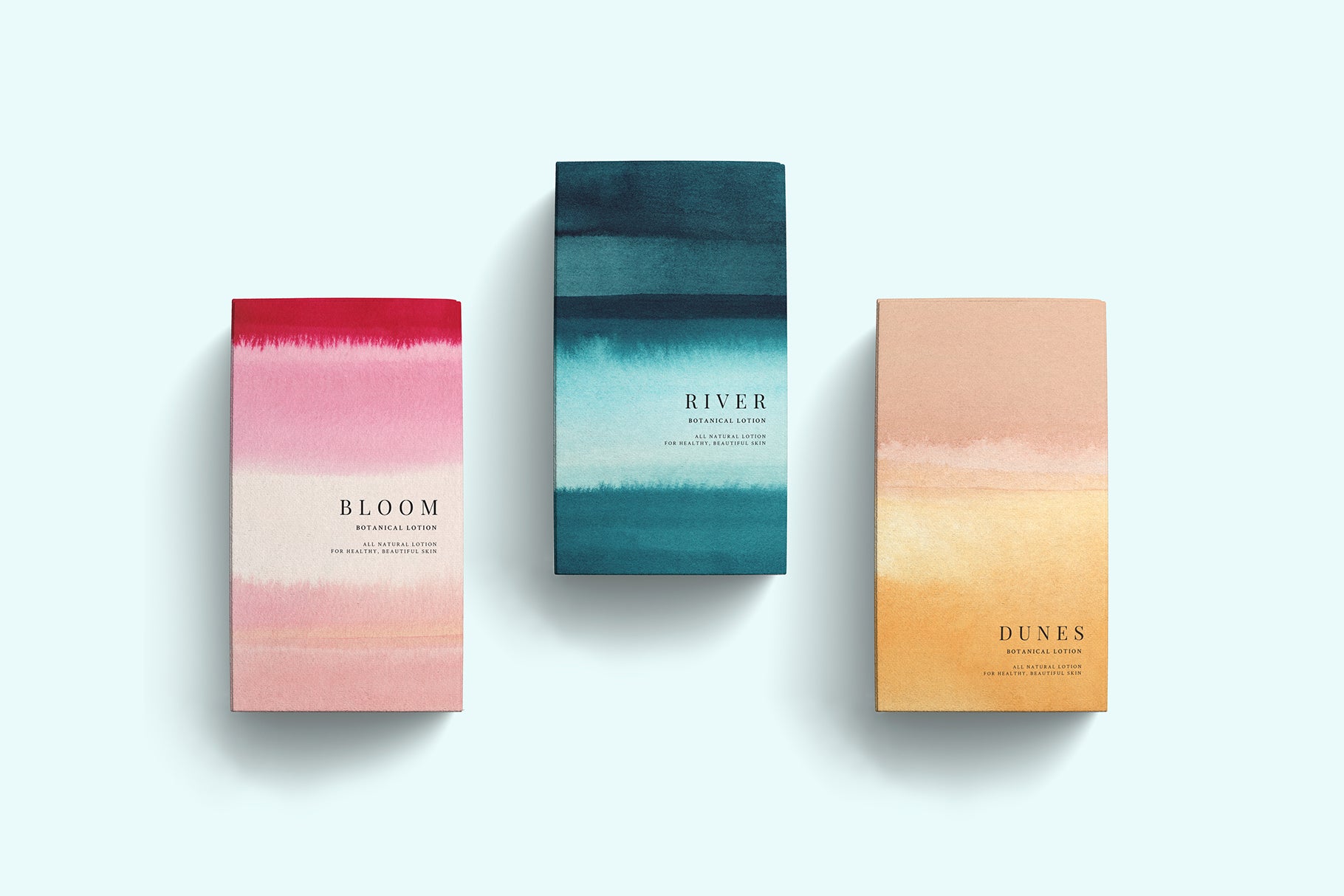 three packaging design examples with watercolor wash